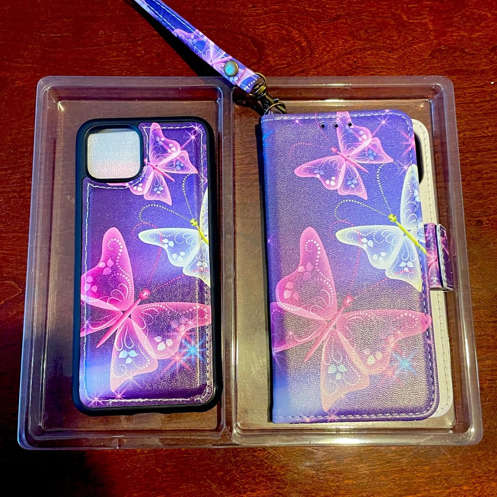 IPhone11 Butterfly Wallet/Phone case. W/ matching strap and new screen protector